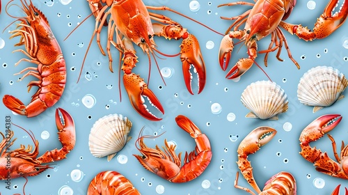 Vibrant pattern with lobsters and seashells. Seafood inspired image with colorful lobsters on a blue background. Perfect for food enthusiasts and beach-themed designs. AI