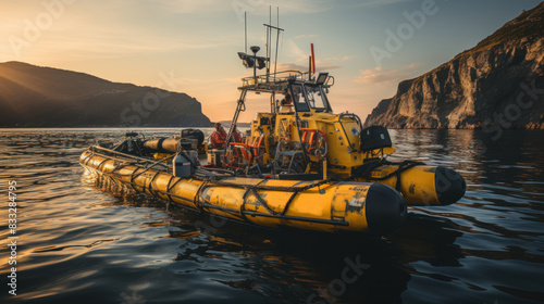 A rigid inflatable boat (RIB) outfitted with equipment floats on tranquil seas against a dramatic sunset and cliffs