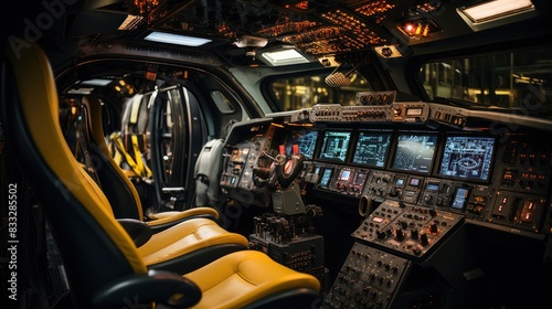 Complex spaceship cockpit with numerous controls and illuminated panels