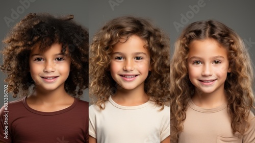 Triple portrait of a young girl showing different stages of curly hair from frizzy to defined curls