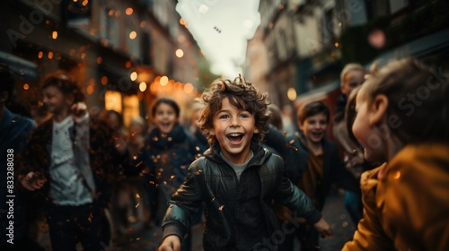 Exuberant boy running with joy as confetti flies around him, embodying freedom and playfulness