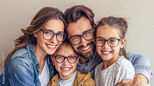 Happy caucasian family of four wearing eyeglasses on light grey background. Smiling mother, father, son and daughter wearing glasses in various frames. Optics store, family clinic promotion