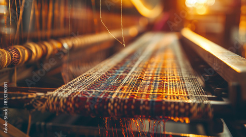 Traditional weaving loom creating textile. Close-up of a traditional weaving loom creating colorful textile, showcasing the ancient art of weaving.