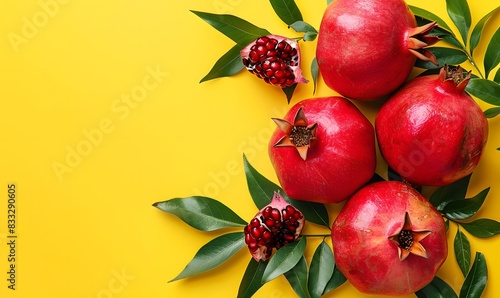 Fresh red pomegranates with green leaves on a yellow background, Generative AI