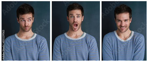 Composite, portrait and man with expressions or funny faces in studio for shock, wow and happy or surprise. Male person, collage and comic emotion isolated on backdrop for meme, joke and smile