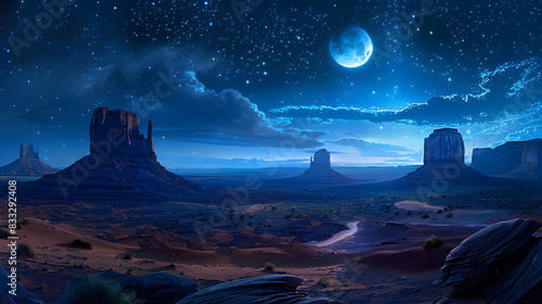 beautiful landscape photo Beautiful classic panoramic view of Monument Valley with the famous Mittens and Merrick Butte illuminated by beautiful mystical moonlight on a starry summer night, 