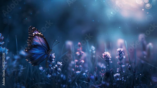 Butterfly in the grass on a meadow at night in the shining moonlight 