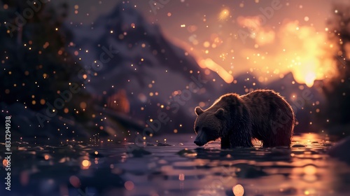  a bear fishes in a pristine mountain river, Nature close-up with bokeh, Water surface at sunset, Super-sharp, a celestial beacon streaks through the void