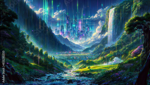 A futuristic cityscape with neon-lit skyscrapers emerges from a lush valley, where a waterfall cascades into a vibrant river, surrounded by verdant hills and a clear sky.