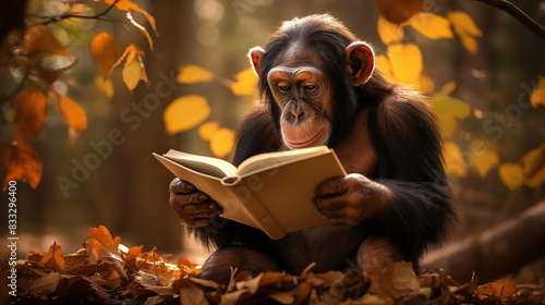 Chimpanzee reading a book in the jungle background, Learning wildlife concept, Photo shot