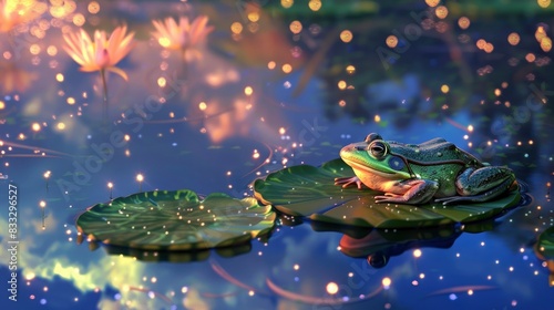 a frog croaks on a lily pad in a tranquil pond, with shimmering pearl clouds and a celestial sky in the background