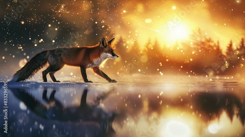 a fox trotting through a snowy meadow, with enchanted forest clouds and a magical sky in the background