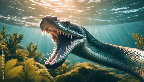 A green anaconda under water