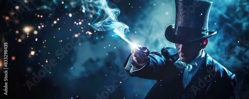 A mystic magician in a top hat performing a magic trick with a glowing wand amidst blue smoke