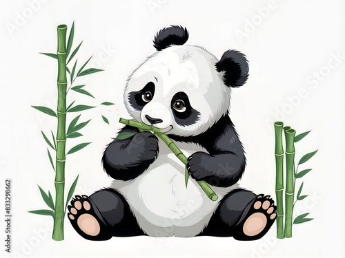 Cute panda cub eating bamboo, vector art