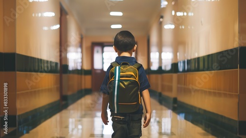 A young boy with a backpack walks down an empty school hallway, symbolizing the beginning of a new educational journey.