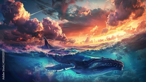 a whale breaches in a shimmering ocean, with dragon-shaped clouds and a mythical sky in the background, which glows under the sunset's glow, remarkably detailed