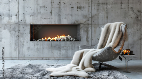 Accent chair with fur throw against concrete wall with fireplace. Loft home interior design of modern living room.