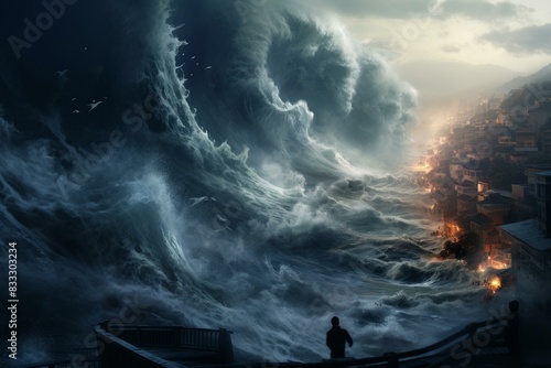 Unstoppable Tsunami rushing. Climate danger flood. Generate Ai