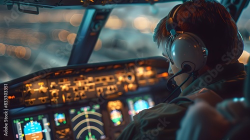 Focused Pilot Operating Aircraft Controls in the Cockpit at Night