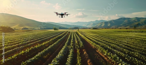 drone flying over field of crops, a beautiful landscape with mountains in the background.