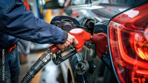 A man holding a fuel nozzle while filling up a car at a gas station