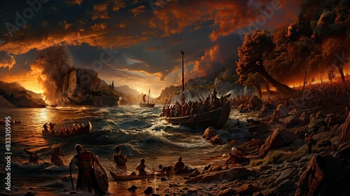 A dramatic and dynamic depiction of an ancient sea battle with ships ablaze and warriors in combat, set against a backdrop of towering cliffs and a fiery sunset
