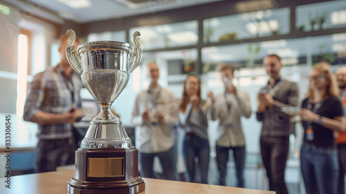 Silver trophy with celebrating team in background. Silver trophy award for business achievement with happy team celebrating in a modern office, recognizing success and hard work