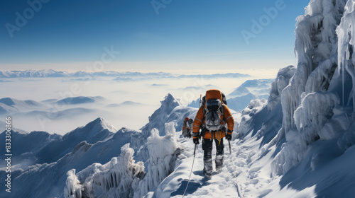 Lone climber in winter gear making their way across a narrow snowy ridge with expansive mountain views beneath