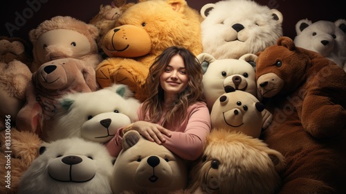 A content young woman sits amidst a collection of large teddy bears, showcasing warmth and comfort