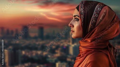 Woman in hijab against an urban landscape expresses courage and diversity, scene blends tradition with modernity