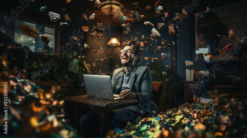 A man on a laptop is surrounded by whimsical golden fish floating in a dark, moody office