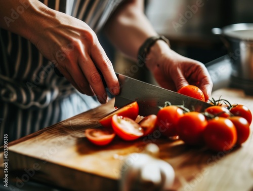 Woman with a knife, cutting tomatoes on a kitchen board, visually emphasizes homeliness and health care.