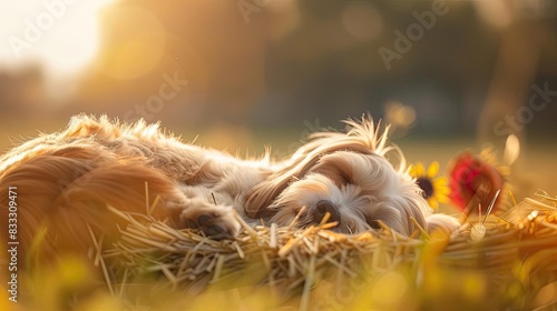Adorable dog sleeping peacefully on straw in sunset, surrounded by nature. Perfect image capturing serenity and relaxation.
