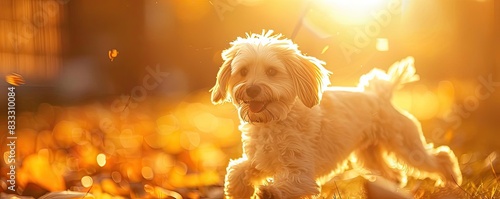 Happy dog playing in the park with golden autumn leaves at sunset, capturing the joyous essence of nature and friendship.