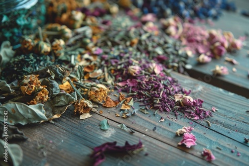 Dried herbs arranged on table. Focus on specific selection