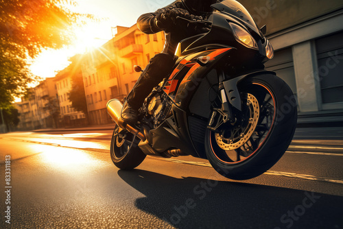 Closeup motorcyclist riding fast on city street at sunset. Generative AI