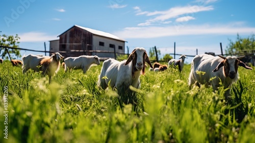 A herd of goats grazing on a lush green pasture with a rustic barn in the background under a clear blue sky.