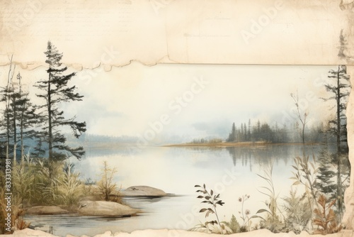 Lake scene ephemera border landscape outdoors painting.
