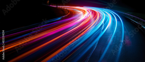 Rastros de luz a alta velocidad sobre un fondo oscuro, efecto de larga exposición con luces coloridas y líneas de movimiento rápido en la carretera nocturna para un diseño conceptual de tecnología