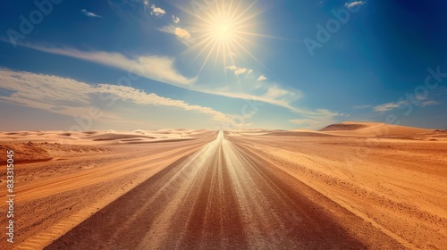 The deserted desert road stretching into the horizon, with sand dunes on either side and the hot sun blazing above, creating a sense of solitude and adventure.