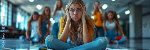 High school harassment: girl sitting on floor while classmates laugh