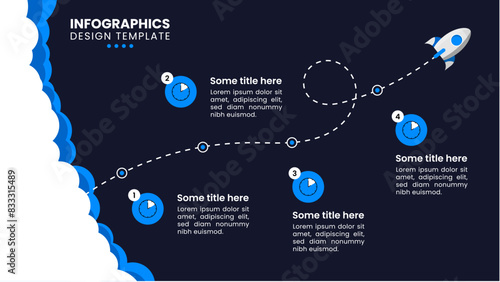 Infographic template. Blue rocket with a line and 4 steps to success