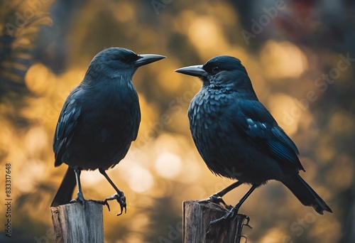 AI generated illustration of two crows perched atop each other on a wooden post