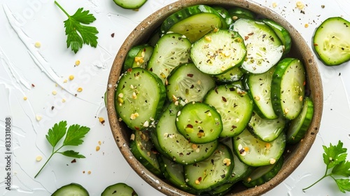 A bowl of fermented cucumbers on a white background.