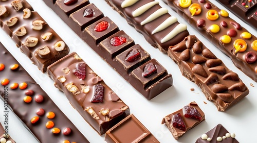 Assorted candy bars on a white background.