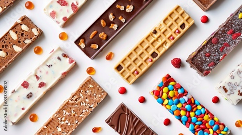 Assorted candy bars on a white background.