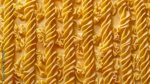 A pattern of uncooked fusilli pasta.