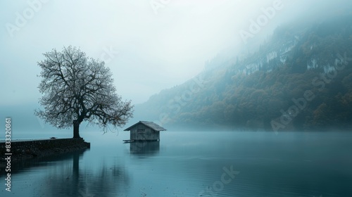 a house on the edge of a lake, generative AI.