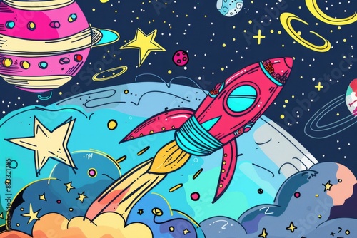 Cartoon cute doodles of a circuit-powered rocket blasting off into space, Generative AI